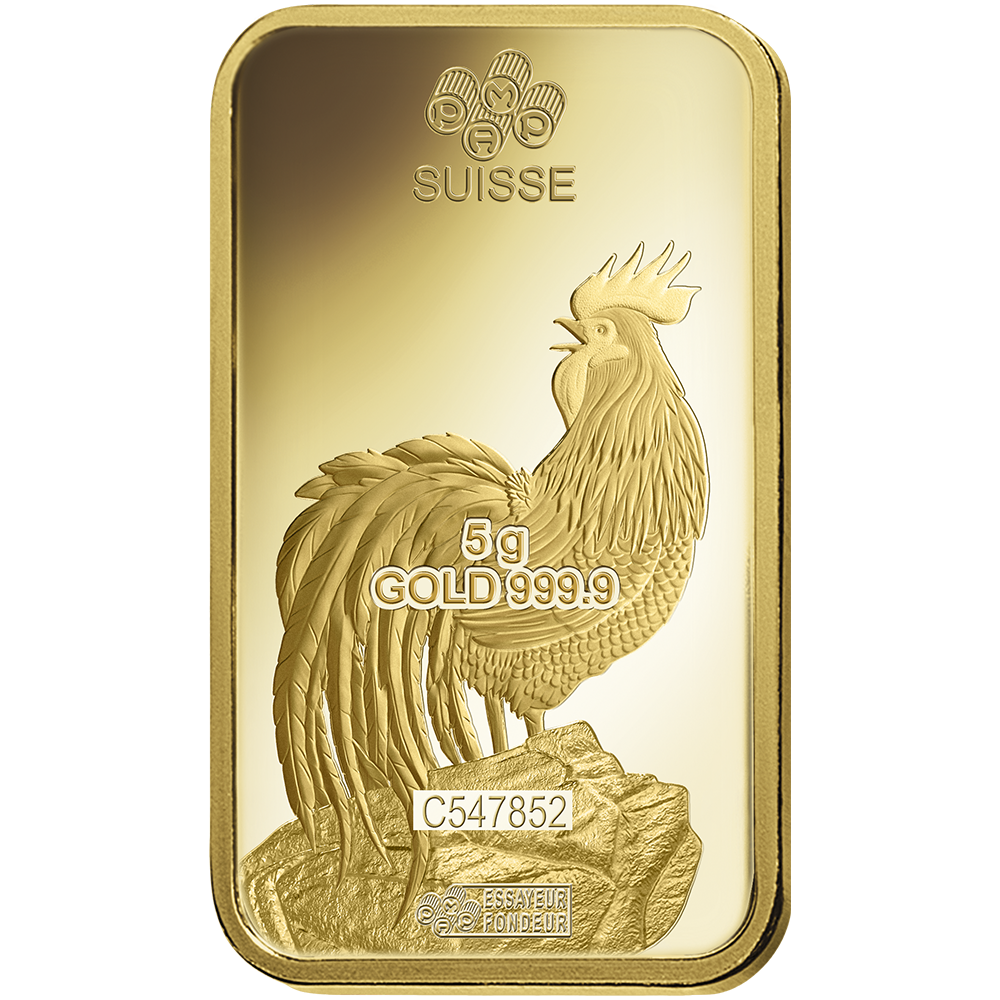 Lunar Rooster Gold Minted Bar - 5g | PAMP