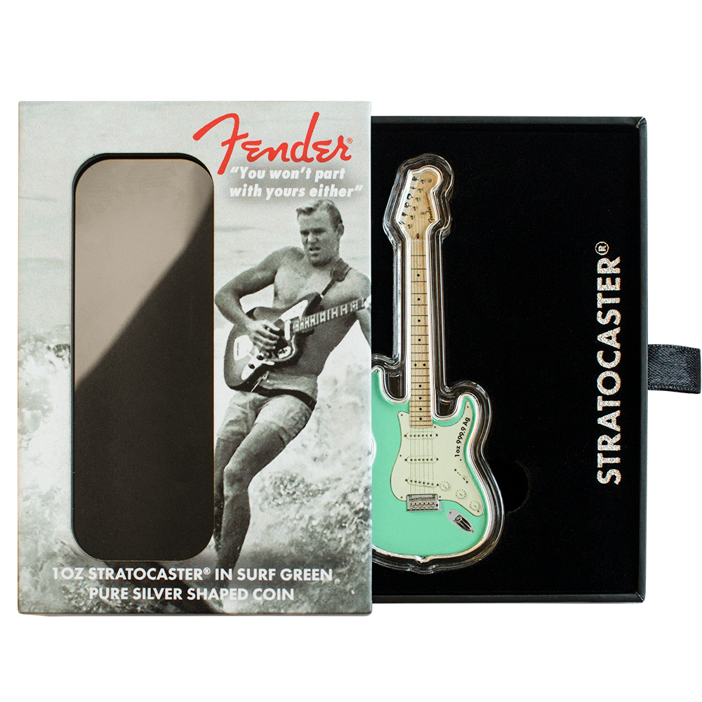 1oz Pure Silver Fender® Stratocaster® in Surf Green Shaped